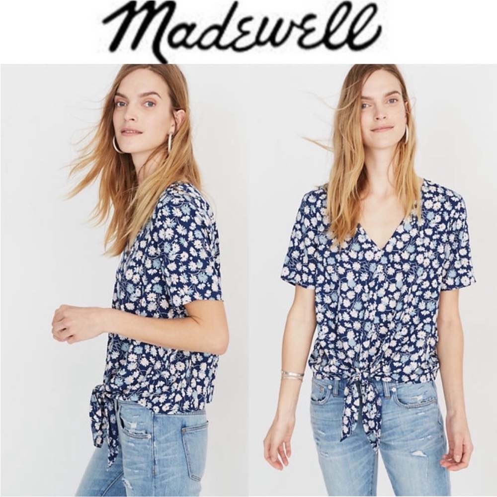 MADEWELL short sleeve Floral Blue Women's Top tie front top size large